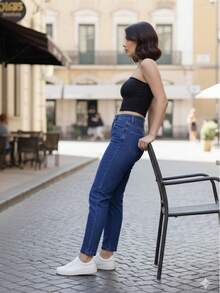 Women Jeans - 深色水洗藍 - 查看 3