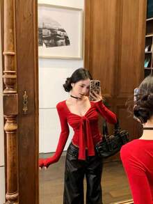 女士蝴蝶结长袖T恤，紧身修身圆领打底衫，春季款 - 紅色 - 查看 5