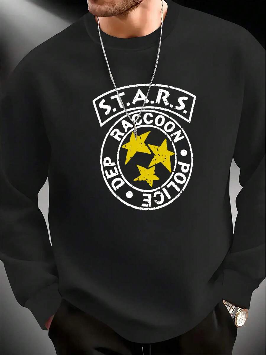 Fashion Casual Charm  Simple Print Soft Comfortable Crew Neck Sweatshirt, Weekend Style, Casual Wear, Simple Design, Minimalist Style, Breathable Knit, Soft Fabric, Unisex Apparel, Crewneck Top, Urban Style, Young Adults - 黑色 - 查看 1