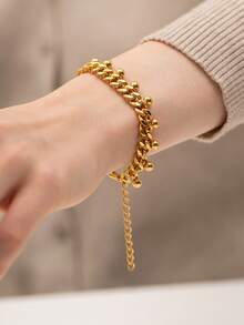 VJS 1 pieza Pulsera delicada de acero inoxidable hipoalergénico con cadena de eslabones y cuentas, diseño exclusivo, adecuado para uso diario, citas, regalo o uso personal - Amarillo - Ver 2