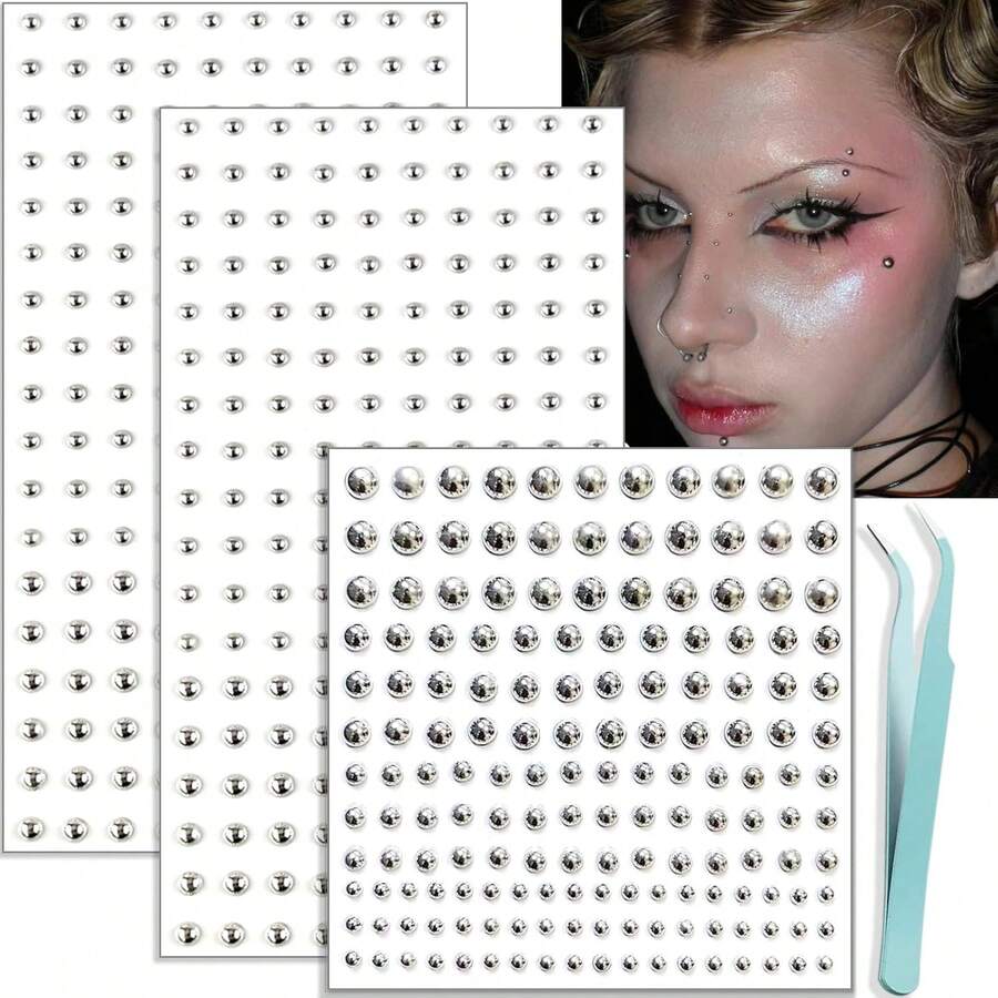 Face Gems Lip Stud, Fake Nose Stud Eyebrow Stud, Non Piercing Nose Stud Stick On Silver Belly Button Sticker, Face Sticker Music Festival Cool Punk Y2K Makeup Patches For Women Men,23580475 - 金色 - 查看 1