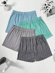 4pcs/Set Men's Striped Print Airy Casual Shorts, Breathable Elastic Waist Loungewear Pajama Shorts, Multi-Color Combination