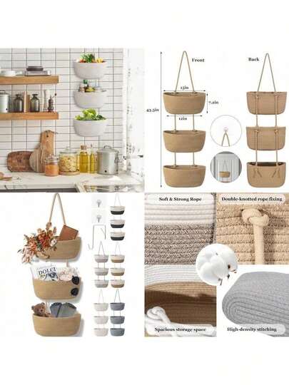 3pcs Removable Wall Hanging Baskets, Handwoven 3-Tier Minimalist Hanging Storage Baskets, Home Wall Decor Organizer