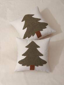 1 pieza Funda de almohada decorativa de Navidad de peluche, lienzo bordado con árbol de Navidad, decoración rústica para sala de estar, dormitorio, sofá, regalo navideño, verde