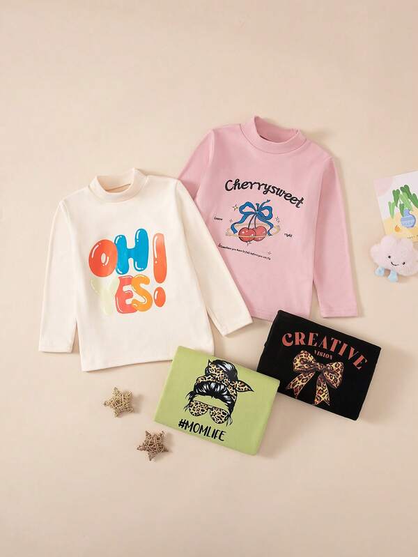 4 قطع/مجموعة بيجامات فتيات شابات مريحة ناعمة من الفليس المبطن، طبعات الأحرف/الفيونكة الكرزية/الوجه الفينتاج/الفهد، ملابس علوية بأكمام طويلة وياقة عالية، ملابس داخلية دافئة لفصلي الخريف والشتاء