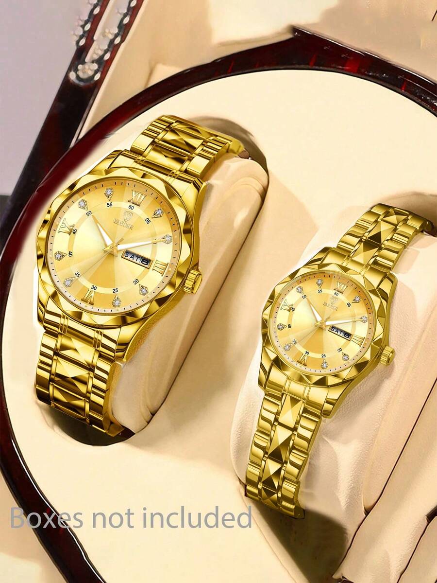 Bộ 2 đồng hồ cặp đôi công sở thường ngày, dây đeo kim loại, mặt số hiển thị lịch kép, đồng hồ đeo tay thạch anh đính pha lê, quà tặng ngày lễ tình nhân - Vàng - Xem 1