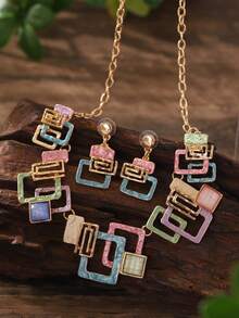 Cring Coco 3pcs/Set Fashion Boho Simple Enamel Geometric Jewelry Set For Woman Accessories New Zinc Alloy Necklace And Earring Sets Minimalist Design Suitable For Daily Dance Party Holiday Music Festival Valentine's Day Jewelry Gift