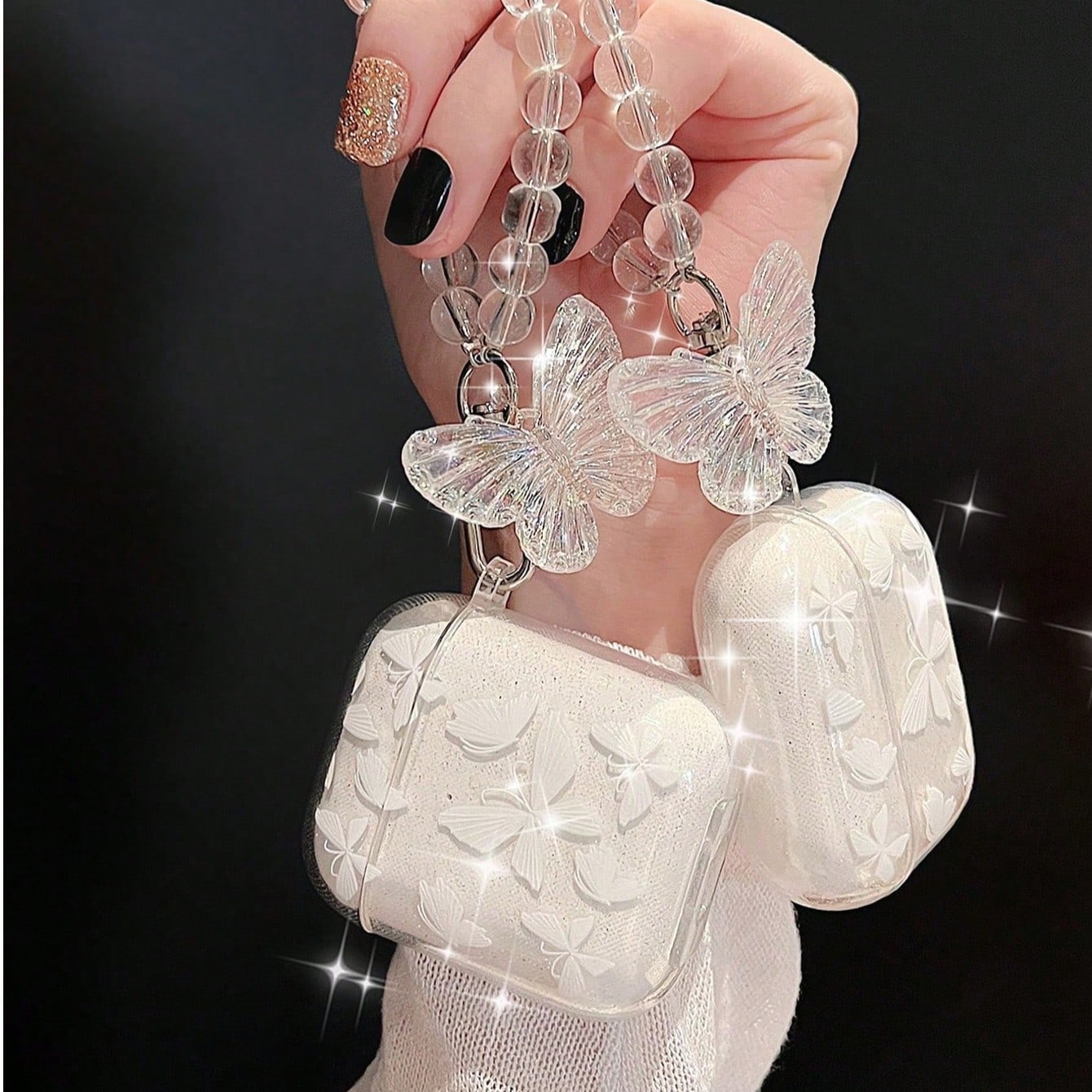 1pc Glitter Butterfly Earphone Case Compatible With AirPod Pro, Pro2, Airpod 3, Airpods2, Airpods1, Transparent Fashion Girl Design With Crystal Keychain