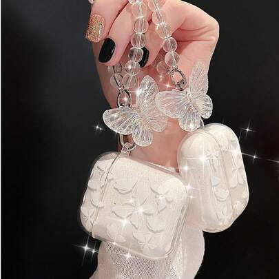 1pc Glitter Butterfly Earphone Case Compatible With AirPod Pro, Pro2, Airpod 3, Airpods2, Airpods1, Transparent Fashion Girl Design With Crystal Keychain