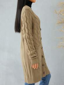 Female Cardigan, Solid Color Long Sleeve Sweater Knitted Coat With Pockets For Spring Fall, S/M/L - 卡其色 - 查看 6