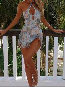 Onicee Women's Fashionable Sexy Ruffle Spaghetti Strap Slip Dress, Autumn - Blue - View 3