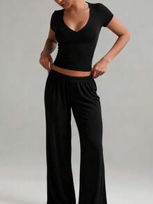 XLLAIS Women's T Shirt Sexy V Neck Summer Short Sleeve Slim Top Stretch Solid Casual Tee - Black - View 6