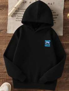 1件装男童休闲印花套头卫衣，保暖内衬，长袖，秋冬季 - 黑色 - 查看 4