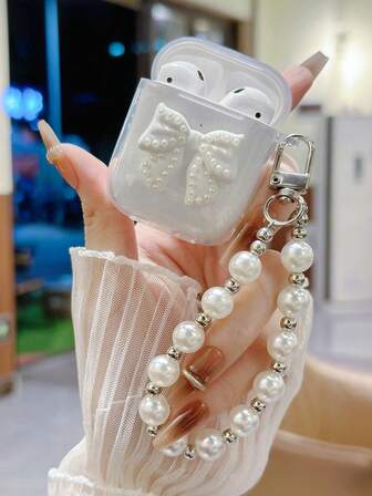 נרתיק אוזניות מבריק עם פפיון לבן ושרשרת פנינים מלאכותיות