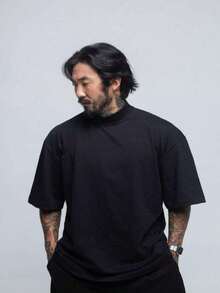 OVERSIZED HIGH NECK T-SHIRT/BASIC T-SHIRT/MEN'S T-SHIRT/100% COTTON T-SHIRT - 黑色的 - 查看 2