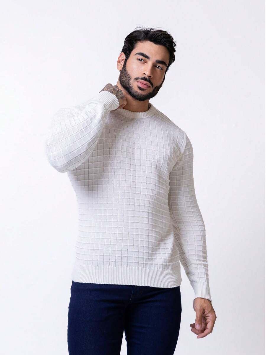 Men's Knitted Sweater, Long Sleeve, Solid Color, Autumn Winter, Chic, Elegant, Premium Line - 白色 - 查看 1