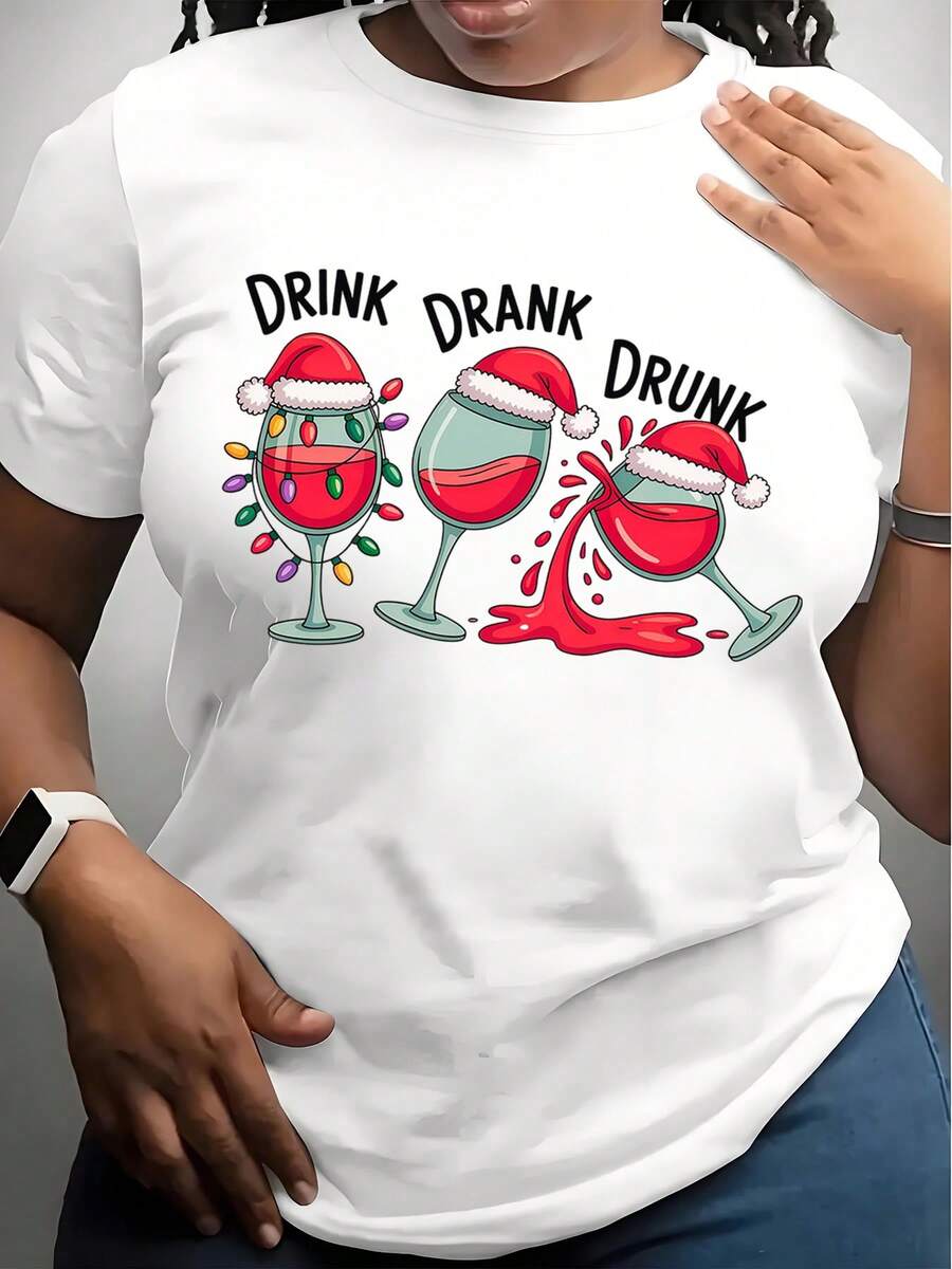 Christmas Wine Lover T-Shirt - Drink Drank Drunk Funny Holiday Shirt For Women, Festive Santa Hat Wine Glass Design, Christmas Party Gift, Xmas Seasonal Apparel - 白色 - 查看 1