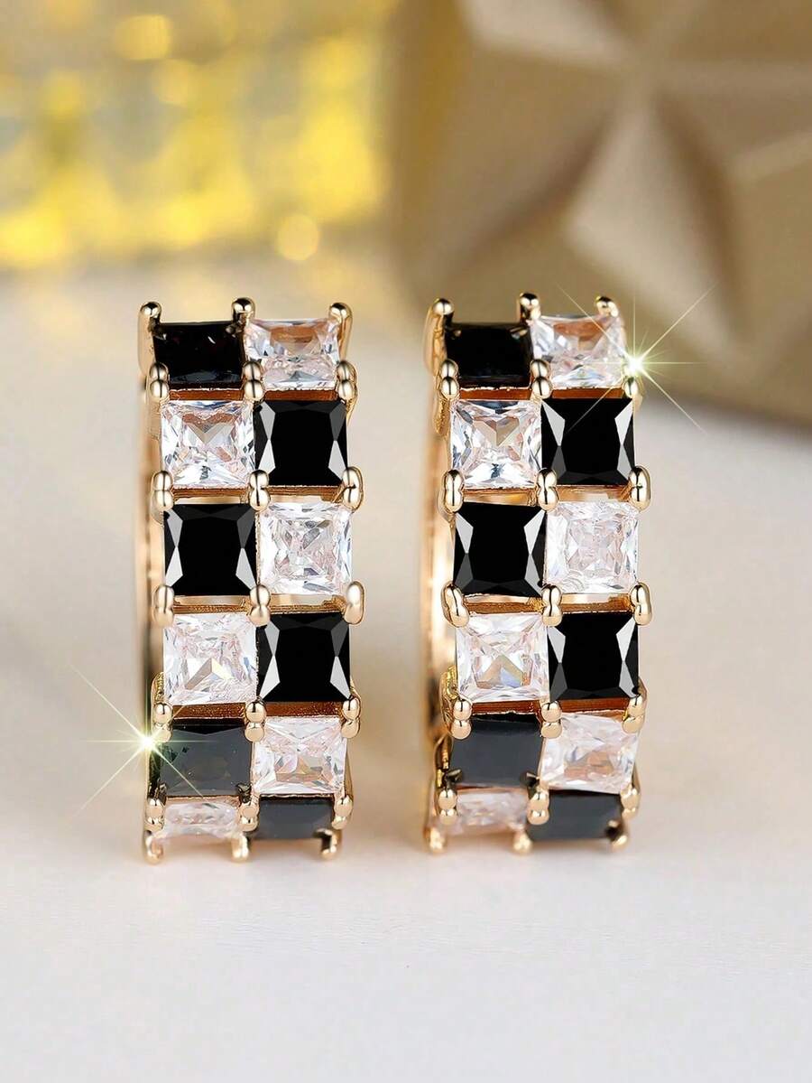 1 Pair Of Fashionable Black And White Checkered Round Earrings, Suitable For Teenagers, Daily Charming Jewelry Gifts - Nhiều màu - Xem 1
