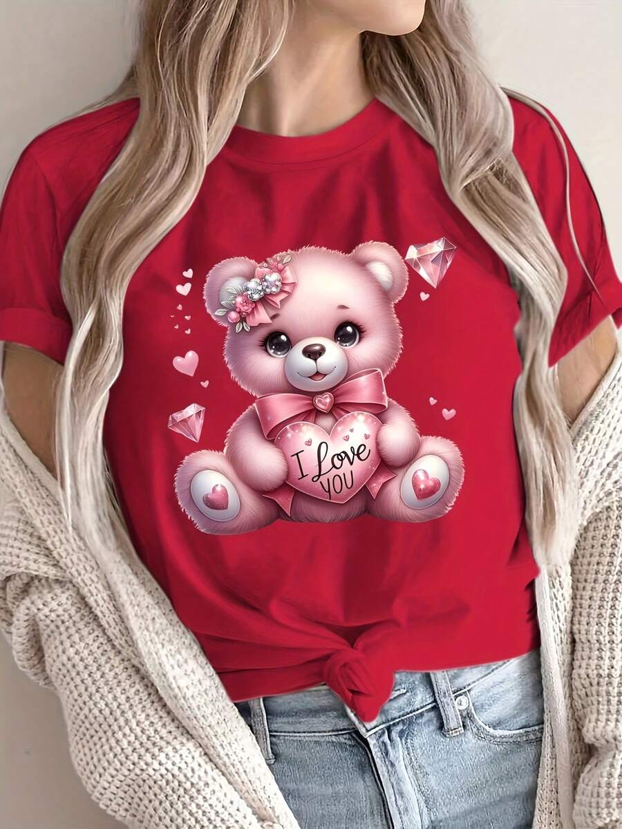 Women'S Valentine'S Day Teddy Bear Graphic T-Shirt - Soft Breathable Green Tee With Pink Hearts & "I Love You" Design, Casual Short Sleeve Top For Spring & Summer, Valentine'S Day Shirts{S-4xl}Relaxed Plus Size T-Shirt - 紅色 - 查看 1