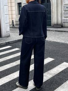 优雅复古休闲牛仔两件套，包括翻领纽扣口袋夹克和阔腿裤，无弹力面料 - 深色水洗藍 - 查看 5