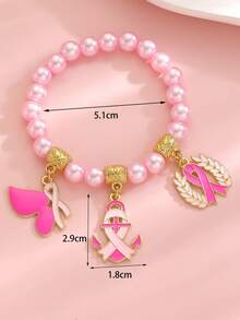 2pcs Elegant Fashion Pink Ribbon Pendant Breast Cancer Awareness Layered Bracelet Set, Heart Bow Faux Pearl Design Women's Beaded Bracelet Accessory Set, Suitable For Daily Wear, Party, Vacation, Holiday, Anniversary Gift - Pink - View 3