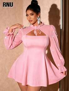 RNU Plus Size Women's Elegant High-Stretch Solid Color Fabric, Chiffon Sleeve Panels, Bow Tie Neckline, 3D Pearl Decor, Women's Plus Size New Autumn/Winter Outfit, Suitable For Concerts, Fashionable Versatile Outerwear For Parties, Gatherings, Dates, Christmas, New Year, Wedding Guest Attire, A-Line Silhouette, Fashionable Long Sleeve Dress - Pink - View 1