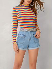 Women's Casual Long-Sleeved Colorful Horizontal-Striped Round-Neck T-Shirt, Regular Fit Blouse - Trộn màu 1 - Xem 4