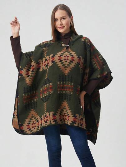 1pc Bohemian Western Vintage Warm Hooded Poncho Cardigan Vest, Suitable For Daily Outings, Autumn/Winter Travel