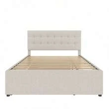 (=WX000502AAA) Upholstered Bed, 140x200cm, Double Bed, Family Bed, Double Bed With Three Drawers, Trundle Bed, Adjustable Headboard, Without Mattress, Beige - Beige - View 11