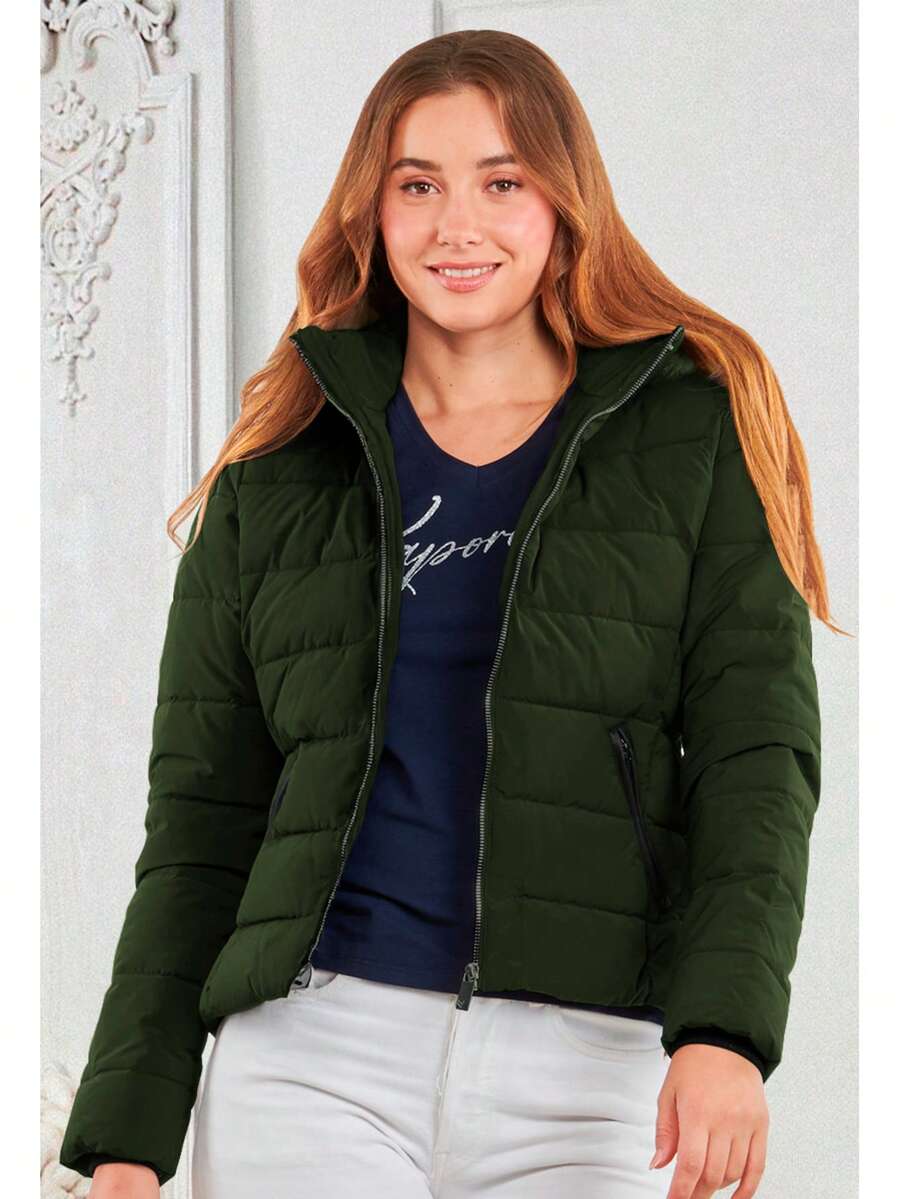 Chamarra para mujercon cierre frontal y bolsillos laterales con capucha y diseño moderno moda casual Chamarra Capitonada Moda Dama Moderna Forro Peluche Moderna - Verde - Ver 1