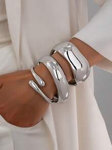 Bộ 3 chiếc/1 bộ vòng tay kim loại hình giọt nước trơn không đối xứng hình học tối giản, phù hợp cho phụ nữ, chất liệu hợp kim kẽm và kim loại trơn dày, bền chắc - bạc - Xem 21