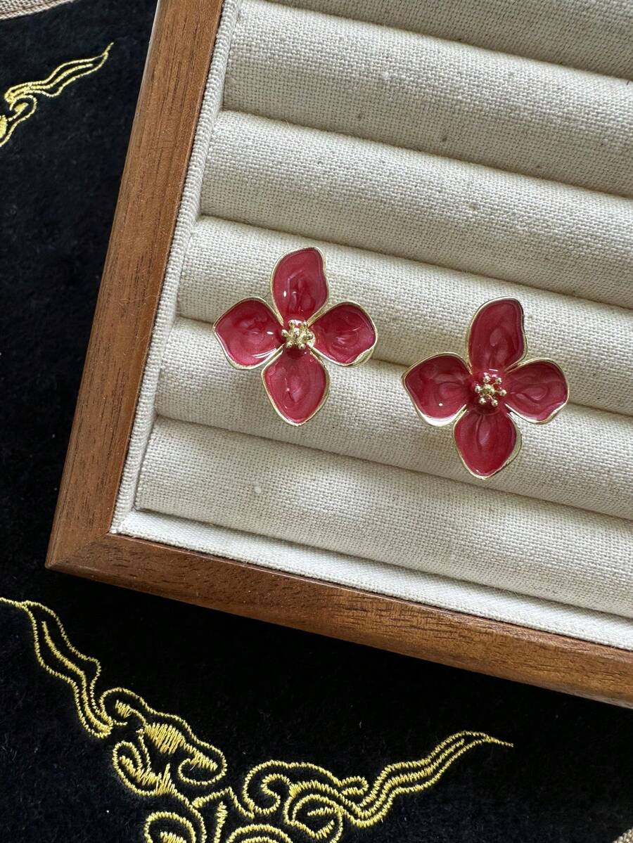 1 Cặp bông tai Dopamine Molecule & Flower nhiều màu sắc dành cho nữ, trang phục hàng ngày đa năng, món quà ngọt ngào cho ngày lễ - Màu Đỏ Sâu - Xem 1