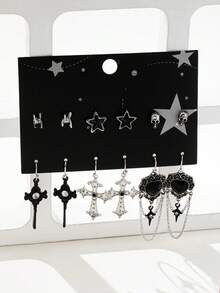 6 Pairs Gothic Demon Eye, Star, Skull, Cross, Heart Tassel Earrings Set, Versatile Design For Party, Halloween