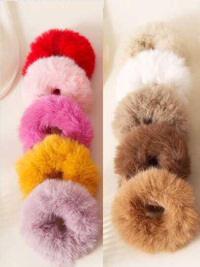 10pcs/Set Colorful Faux Rabbit Fur Hair Scrunchies, Cute & Fashionable Hair Accessories, Elastic Hair Ties For Girls, Princess Ponytail Holders, Suitable For Daily Use