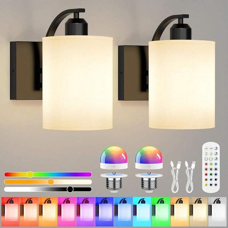 Juego de 2 Lámparas de Pared Inalámbricas Con Foco Recargables, Luces LED y RGB con Control Remoto, Apliques de Pared de Tela, iluminación para Recámara, Sala de Estar, Pasillo(plateado) - Negro - Añade 13