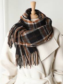 1 pieza Elegante bufanda/echarpe de mujer a cuadros multicolor con flecos de imitación de cachemira, Chal/pashmina de cachemira, Bufanda de cuello unisex estilo grueso y casual para el invierno, Chal envolvente para mujer, Suave y cómoda, Para uso diario y salidas, así como regalos navideños para miembros de la familia