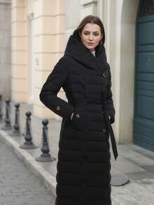 Áo khoác chần bông hai lớp bằng vải dệt ZIAI dành cho nữ, có thắt lưng, áo khoác dày, dáng dài, có mũ trùm đầu, quần áo mùa đông cho nữ, hợp thời trang khi đi nghỉ - màu đen - Xem 12