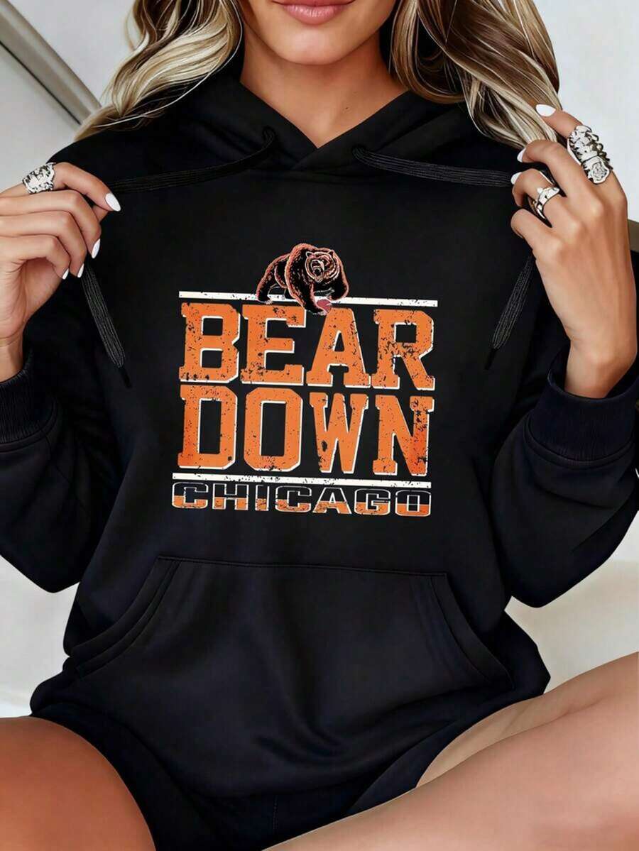 Mens Graphic Letter Print Oversized Hoodies, Long Sleeve Pocket Pullover, Sweatshirts Fall Fashion 2025 Pullover Winter Clothes, Suitable For Parties, Outdoor Activities, And Leisure, Bear Down Chicago With Bear Logo Above Text ,Gift For Women, Size S-3XL,Fall Hoodies,Men's Fall Clothes,Street Wear,Halloween,Mens Hoodies,Y2k Clothes,Jesus Hoodie,Thanksgiving Day,Nightmare Before Christmas,Christmas - Black - View 1