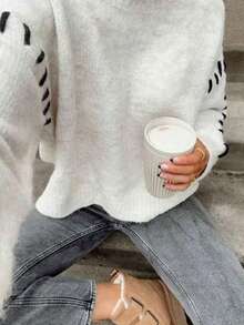 Women's Casual Cute Handmade Stitch Contreast Trim Knitted Sweaters Crew Neck Drop Shoulder Long Sleeve White Fall Winter Going Out