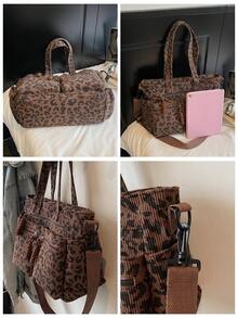 Túi Tote Đeo Vai Vải Nhung Nâu Họa Tiết Da Báo Thời Trang Thu Đông, Túi Vải Nữ Dung Tích Lớn, Nhẹ, Tối Giản, Gấp Gọn, Phong Cách Trường Học/Cao Đẳng, Nhiều Ngăn Khóa Kéo, Thường Ngày Đa Năng, Phù Hợp Sử Dụng Hàng Ngày, Đi Làm, Mua Sắm - màu nâu - Xem 8