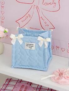 1pc Desktop Quilted Storage Basket With Bow, Desktop Debris Storage Basket For Desktop Organization And Storage, Lipstick Makeup Brush Skin Care Storage Basket, Tabletop Decoration, Cosmetic Storage Basket For Storing And Organizing Brushes And Skin Care Products, Headphone Lipstick Storage, Portable Picnic Basket, - Multicolor - View 7