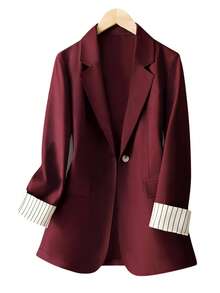 Plus Size Women Casual/Work Cuff Stripe Contrast Color Single Button Long Sleeve Blazer - Red - View 3