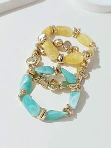 LADYCOCO 3pcs Vintage Thick Chunky Acrylic Beaded Multilayer Bracelet, Transformable Gold Chip Bracelet, Suitable For Women, Couples, Party, Daily Wear - Multicolor 25 - View 2