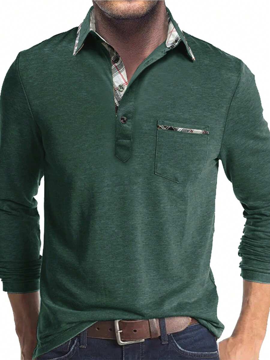 秋季大码男士口袋拼布格子长袖休闲 Polo 衫