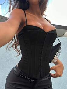 Yuwenier Sexy Rivet Lace-Up Back Shaping Bralette, Adjustable Strap Cropped Tank Top, Suitable For Valentine's Day Dates, Christmas And Various Occasions - Black - View 1