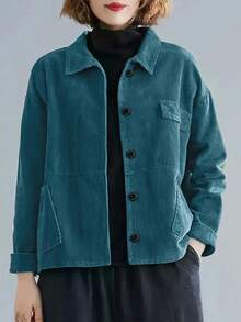 Plus Size Women's Corduroy Solid Color Long Sleeve Jacket, Fashionable Drop Shoulder Design, Casual, Commute, Suitable For All Seasons