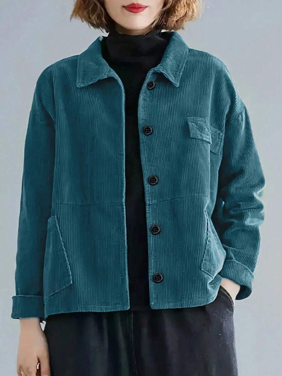 Plus Size Women's Corduroy Solid Color Long Sleeve Jacket, Fashionable Drop Shoulder Design, Casual, Commute, Suitable For All Seasons