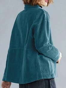 Plus Size Women's Corduroy Solid Color Long Sleeve Jacket, Fashionable Drop Shoulder Design, Casual, Commute, Suitable For All Seasons