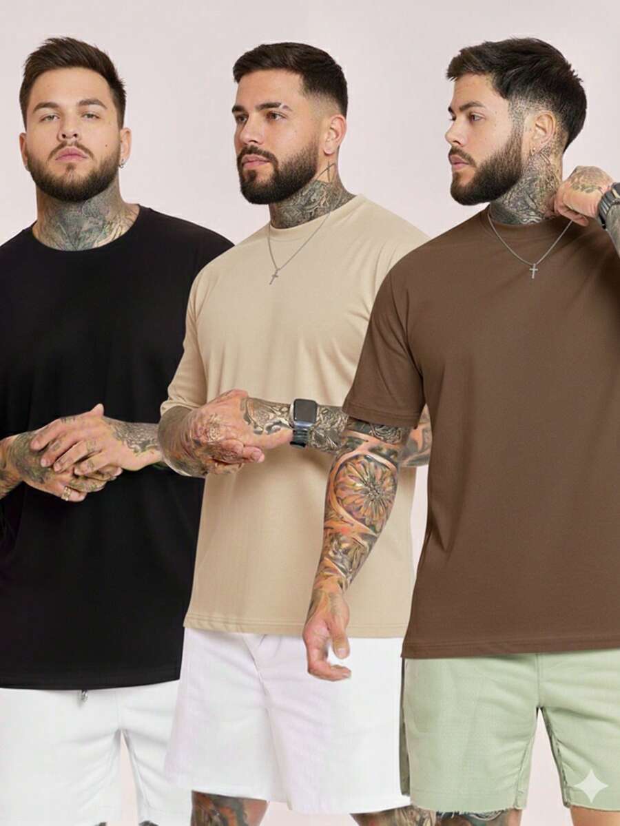 Kit Of 3 Plain Men's T-Shirts, 30.1 Yarn Shirt, 100% Cotton Blouse, Comfortable, Basic T-Shirt, Immediate Shipping, Various Colors - 黑色/米色/棕色 - 查看 1