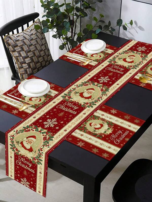 Juego de 1/2/4/6/8 piezas de manteles y caminos de mesa con diseño de copos de nieve, Papá Noel y Feliz Navidad, de tamaño 12 x 18 pies, manteles rectangulares aislados de lino, adecuados para decoración del hogar, decoración de fiestas, reuniones festivas, decoración navideña, cocina, restaurante y decoración de mesa en el hogar